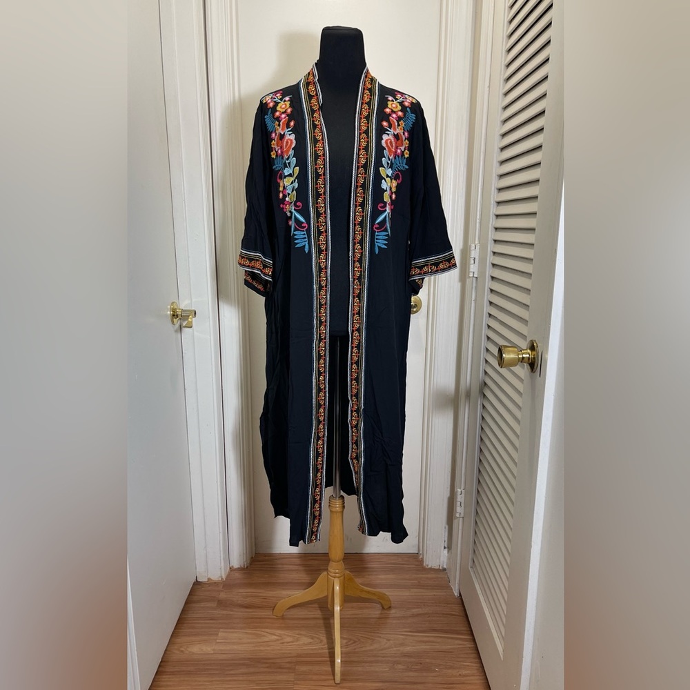 Embroidered Open Front Long Kimono